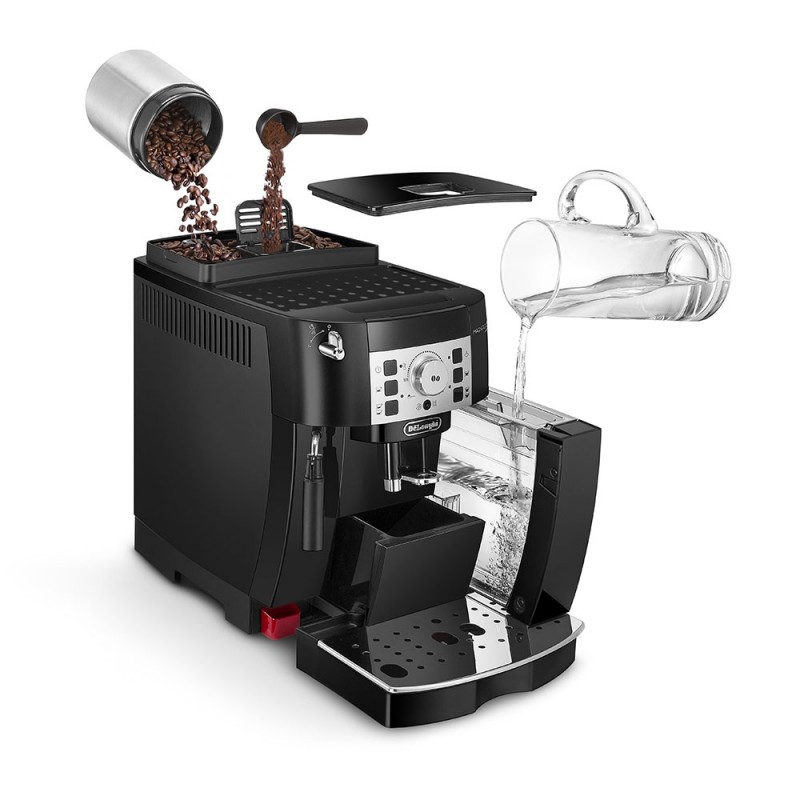 Delonghi Кавомашина, 1.8л, зерно+мелена, авторецептів -6, підігрів чашок, кавомолка,подача гар. води, чорний