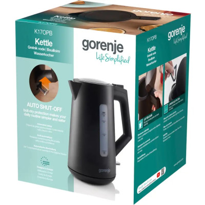 Gorenje Електрочайник 1.7л, Strix контроль, чорний матовий