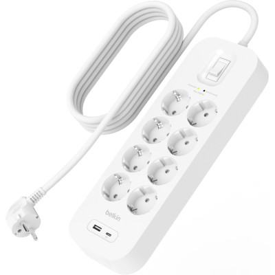 Belkin Подовжувач-фільтр мережевий 8хТип F, 3x1.5мм кв, 16А, USB-A/USB-C 18Вт, з захистом від перенапруги, 2м, білий