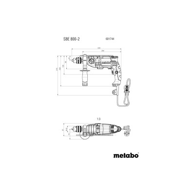 Metabo Дриль ударний SBE 800-2 800Вт ШЗП 1.5-13мм 0-1200·0-3200об·хв 2.3кг