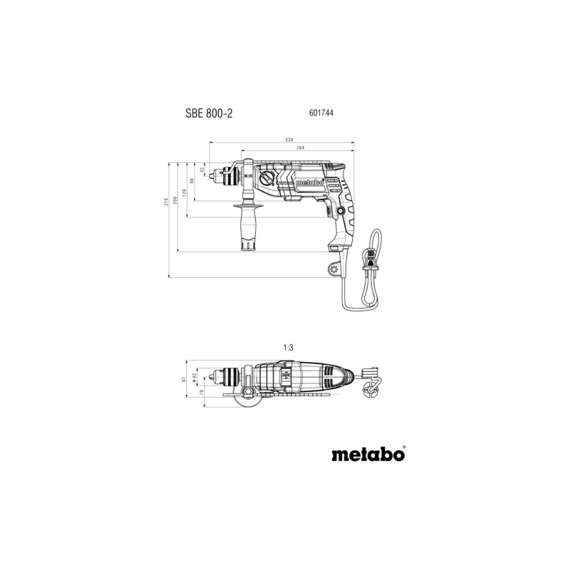 Metabo Дриль ударний SBE 800-2 800Вт ШЗП 1.5-13мм 0-1200·0-3200об·хв 2.3кг