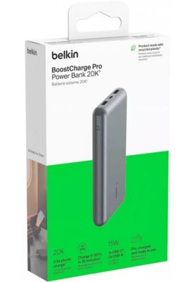 Belkin Акумулятор портативний літій-іонний Power Bank 20000мА·год, 15Вт, 2хUSB-A/USB-C, cірий