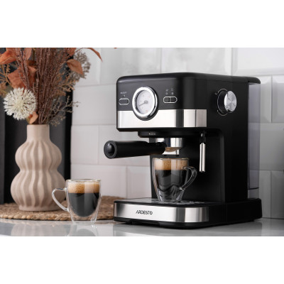 ARDESTO Кавоварка рожкова 1.5л, мелена, ручний капучинатор, чорно-сріблястий