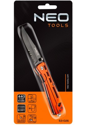 Neo Tools 63-026 Ніж складень з фіксатором, з лезом 8,5см для розрізання ремінь зi стали 440, чохол, 110 г