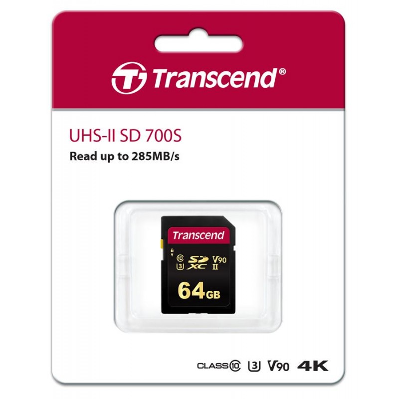 Transcend SDXC/SDHC 700S[Карта пам'яті SD 64GB C10 UHS-II U3 R285/W220MB/s 4K]