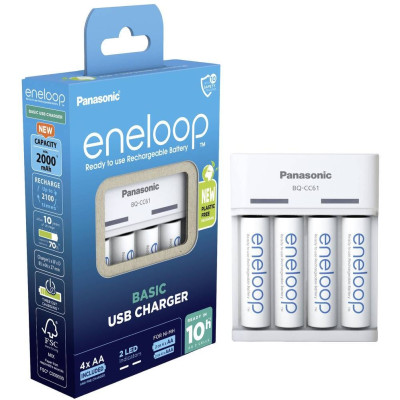 Panasonic Зарядний пристрій Basic Charger USB+ Акумулятор Eneloop NI-MH AA 2000 мАг, 4 шт.