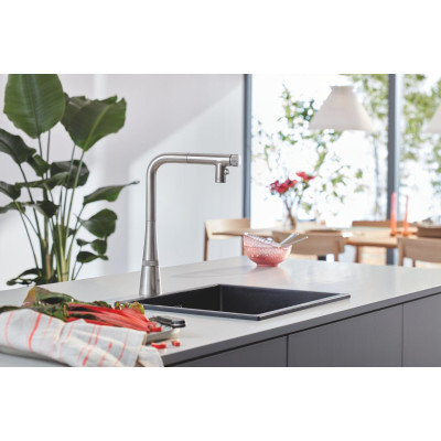 Grohe Змішувач для кухні Scala, довж.виливу - 200мм, поворотний, витяжний, вентиль + кнопка, супер сталь