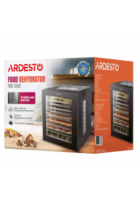 ARDESTO Сушарка для продуктів FDB-1242, 850Вт, піддонів -12x3см, макс-70°С, таймер, електр. управління, нерж., чорний