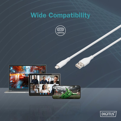 Digitus USB-A > Lightning заряджання/синхронізації, 2м, USB 2.0, 12W, силіконовий, білий