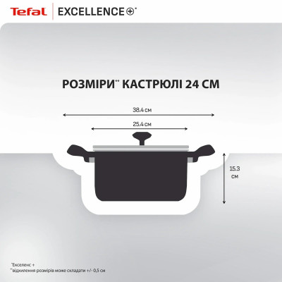 Tefal Кастрюля Tefal Excellence+, з кришкою, 24см, алюміній, скло, бакеліт, чорний
