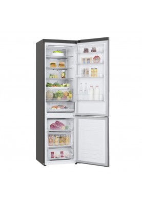 LG Холодильник з нижн. мороз., 203x60х68, холод.відд.-277л, мороз.відд.-107л, 2дв., А++, NF, інв., диспл зовн., зона св-ті, Metal Fresh, сріблястий