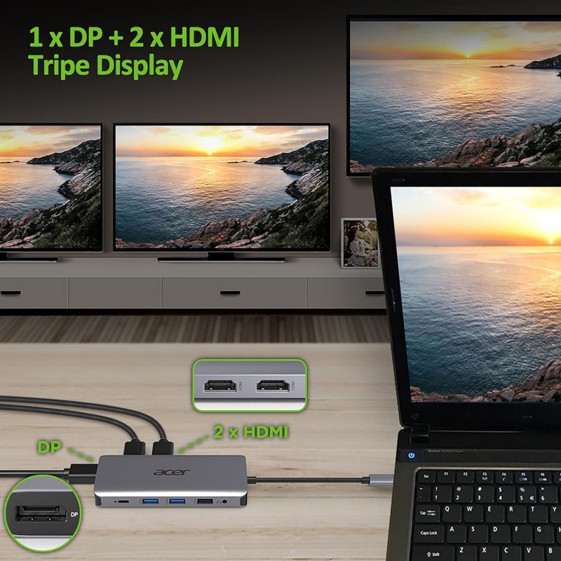 Acer Хаб USB-С > 2xUSB-A3.2/2xUSB-A2.0/SD/TF/2xHDMI/1xDP/1xRJ45/mini-jack, 0.15м, сірий