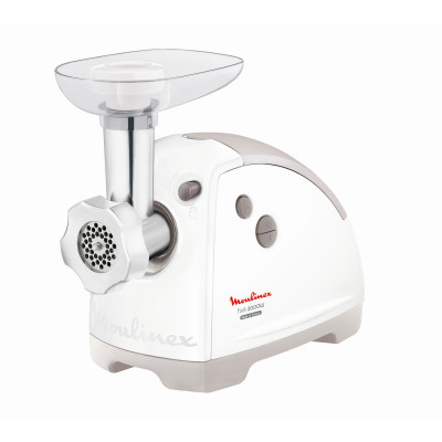 Moulinex М'ясорубка, 2000Вт, 2.6кг/хв, 3 решітки, насадка для ковбас, кеббе, 5 терок, пластик, біло-сірий