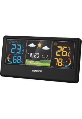 Sencor Метеостанція, внутр/зовні вимірювання, темп-ра, вологість, час, прогноз погоди, чорний