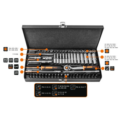 Neo Tools Набір інструментів, Набір торцевих головок, 63шт, 1/4", CrV, металевий кейс