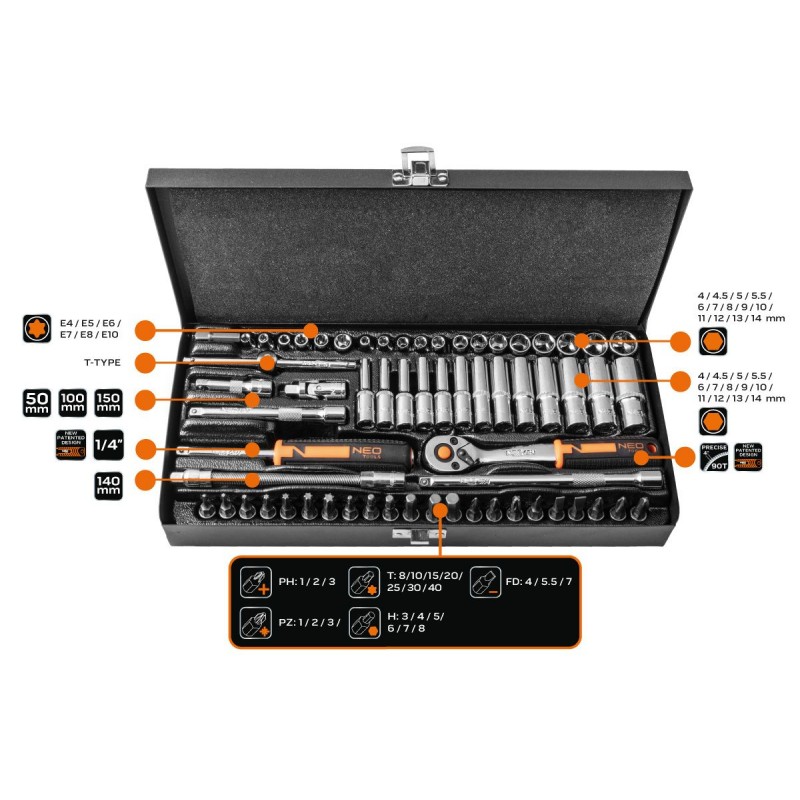 Neo Tools Набір інструментів, Набір торцевих головок, 63шт, 1/4", CrV, металевий кейс