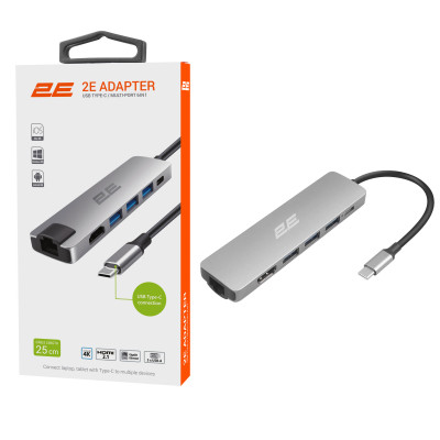 2E Хаб USB-С > 2хUSB-A 2.0/USB-A 3.0/USB-C PD/HDMI/Ethernet, 0.15м, сірий