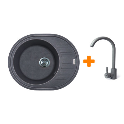 Adamant Мийка кухонная Ovum, штучний камінь, овальна, з крилом, 615х495х200мм, чаша - 1, врізна, сірий + змішувач