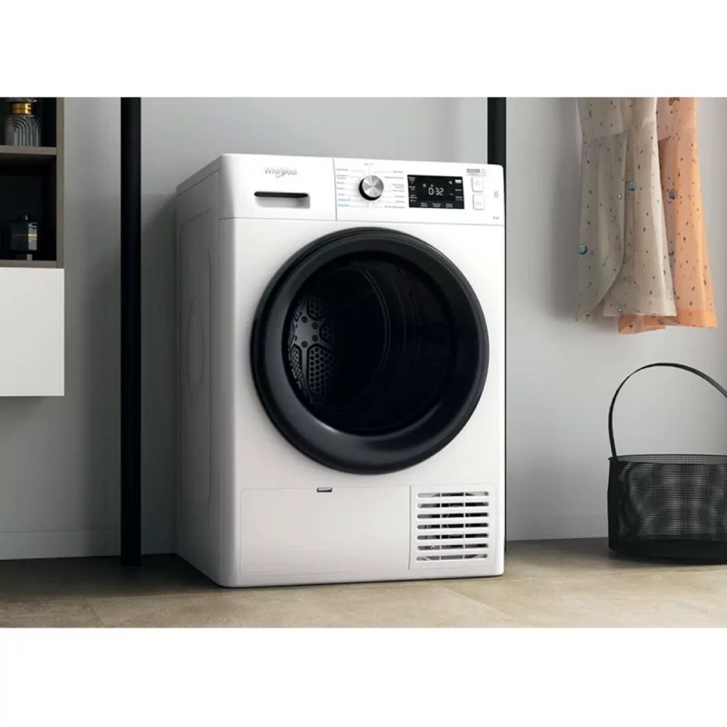 Whirlpool Сушильна машина тепловий насос, 9кг, A++, 65см, дисплей, люк чорний, білий