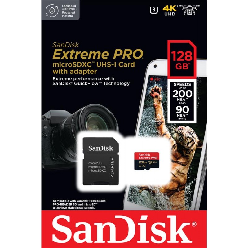 SanDisk Карта пам'яті 128GB microSDXC C10 UHS-I U3 R200/W90MB/s Extreme Pro V30 + SD