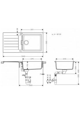 Hansgrohe Мийка кухонна S52, граніт, прямокутник, з крилом, 980х480х190мм, чаша - 1, врізна, сірий камінь