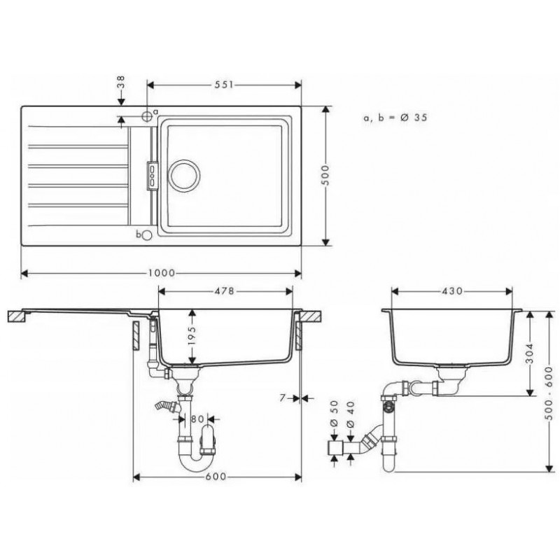 Hansgrohe Мийка кухонна S52, граніт, прямокутник, з крилом, 980х480х190мм, чаша - 1, врізна, сірий камінь