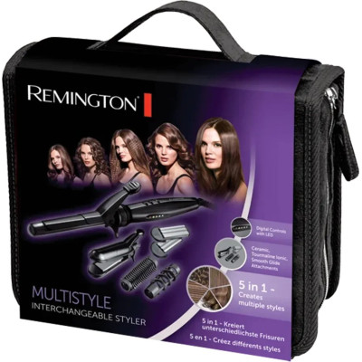 Remington Мультистайлер Multistyle, 25Вт, темп.режимів-5, 110-190С, 5 насадок, кейс, аксесуари, кераміка, тефлон , чорний Remington Мультистайлер Multistyle, 25Вт, темп.режимів-5, 110-190С, 5 насадок, кейс, аксесуари, кераміка, тефлон , чорний
