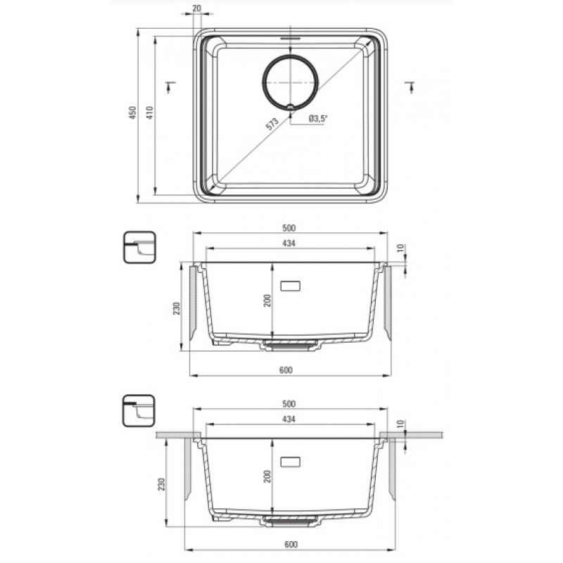 Deante Мийка кухонна Momi, граніт, квадрат, без крила, 500х440х230мм, чаша - 1, універсальна, антрацит