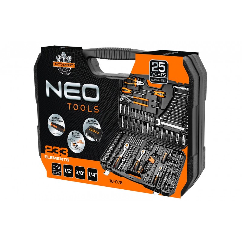 Neo Tools Набір інструментів, 233шт, 1/2", 1/4", 3/8", CrV, кейс