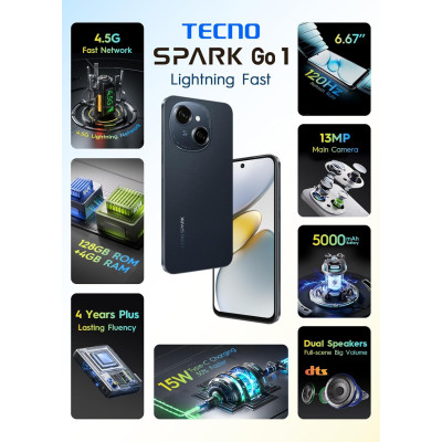 TECNO Смартфон Spark Go 1 (KL4) 6.67" 3/128ГБ, 2SIM, 5000мА•год, Startrail Black