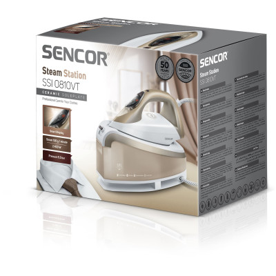 Sencor Праска-парогенератор, 2400Вт, 1500мл, паровий удар -395гр, постійна пара - 130гр, Anti-calc, керам. підошва, біло-золотий