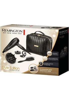 Remington Фен Style Edition, 2200Вт, 3 режими, іоніз-я, хол. обдув, дифузор, гребінець, затискачі, зеркало, кейс, чорний