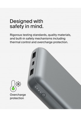 Belkin Акумулятор портативний літій-іонний Power Bank 20000мА·год, 15Вт, 2хUSB-A/USB-C, cірий