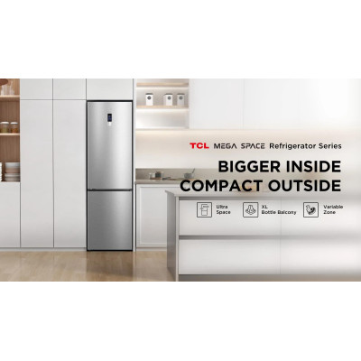 TCL ref with bottom freezer, 201x60x68, ref-314l, freez.-142l, 2doors, E, NF, inv, дисплей ext, fresh zone, variable zone, inox TCL ref with bottom freezer, 201x60x68, ref-314l, freez.-142l, 2doors, E, NF, inv, дисплей ext, fresh zone, variable zone, inox