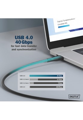 Digitus Кабель USB-C заряджання/синхронізації, 1м, USB 4.0 Gen3, 40G, 240W, 8K, силіконовий, чорний