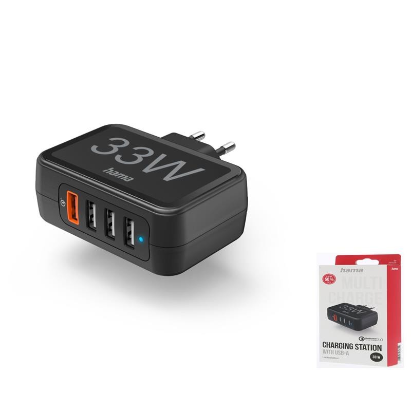 HAMA Універсальний зарядний пристрій Hama 4 x USB-A QC, Qualcomm 3.0, 33W Black