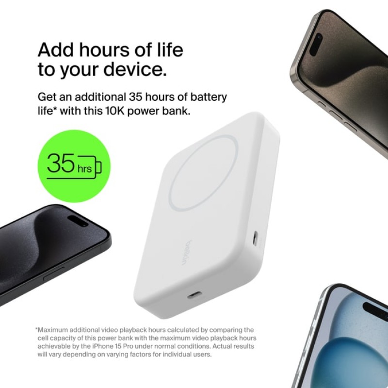 Belkin Акумулятор портативний літій-іонний Power Bank 8000мА·год, 15Вт, MagSafe Qi2, білий