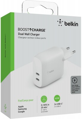 Belkin Зарядний пристрій мережевий 40Вт 2хUSB-С PD, білий