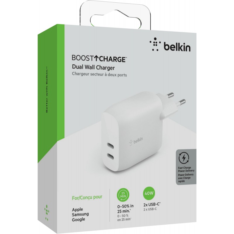 Belkin Зарядний пристрій мережевий 40Вт 2хUSB-С PD, білий