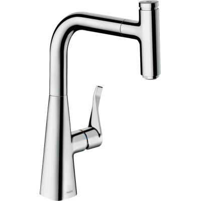 Hansgrohe Змішувач для кухні Metris Select, довж.виливу - 222мм, поворотний, витяжний, важіль + кнопка, хром