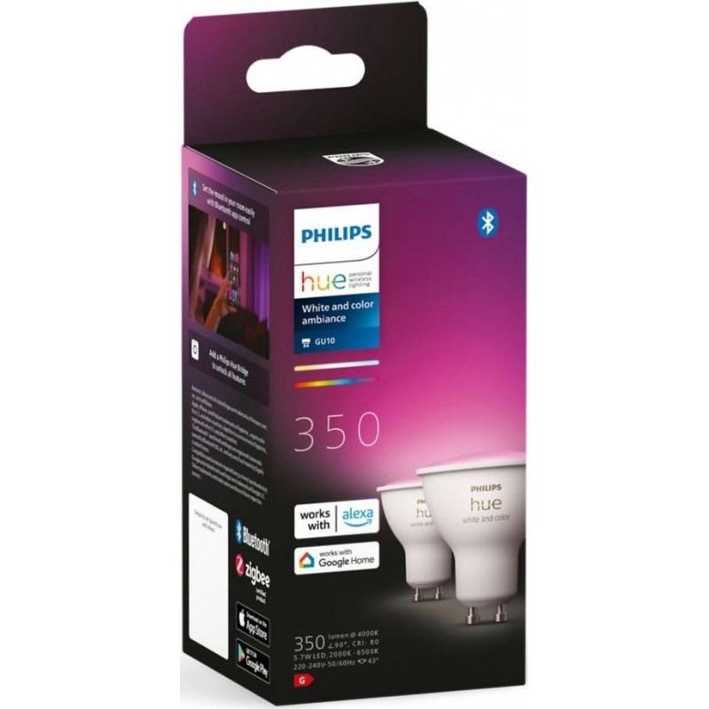 Philips Hue Лампа розумна GU10, 5.7W(50Вт), 2000K-6500K, RGB, ZigBee, Bluetooth, димування, 2шт