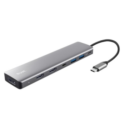 Trust Адаптер Trust Dalyx 7in1 USB-C> 2xUSB-А 3.2/2xUSB-C/2xHDMI/Display Port, Алюміній, 0.16м, Сірий