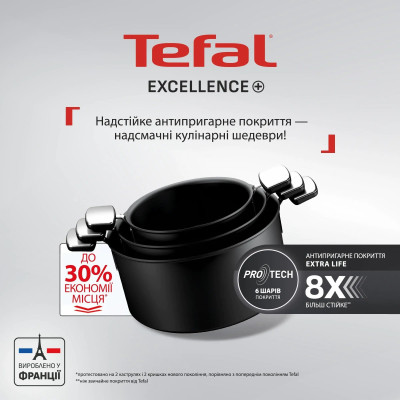 Tefal Кастрюля Tefal Excellence+, з кришкою, 24см, алюміній, скло, бакеліт, чорний