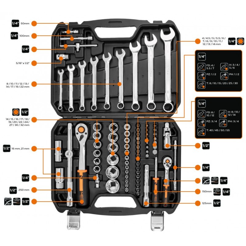 Neo Tools Набір інструментів, 82шт, 1/2", 1/4", CrV, кейс