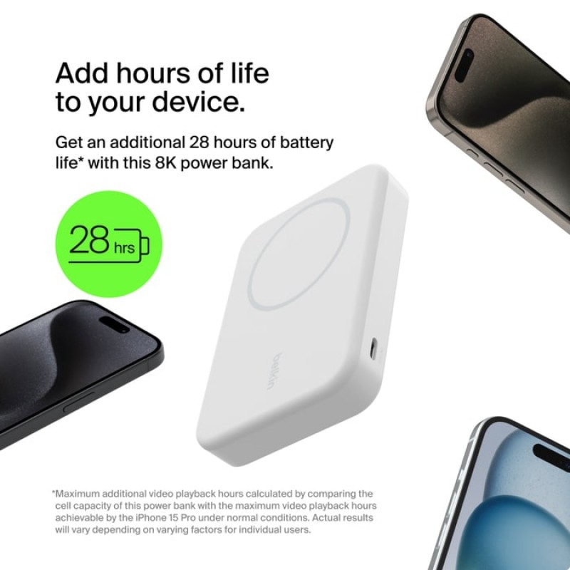 Belkin Акумулятор портативний літій-іонний Power Bank 10000мА·год, 15Вт, MagSafe Qi2, білий