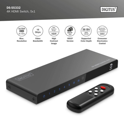 Digitus Відеокомутатор DIGITUS UHD HDMI (INx5 - OUTx1), 4K Digitus Відеокомутатор DIGITUS UHD HDMI (INx5 - OUTx1), 4K