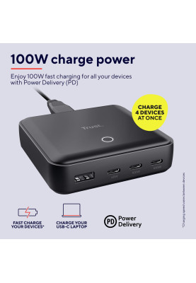 Trust Зарядне пристрій мережевий Maxo 100Вт, 3xUSB-C/USB-A ,PD, чорний
