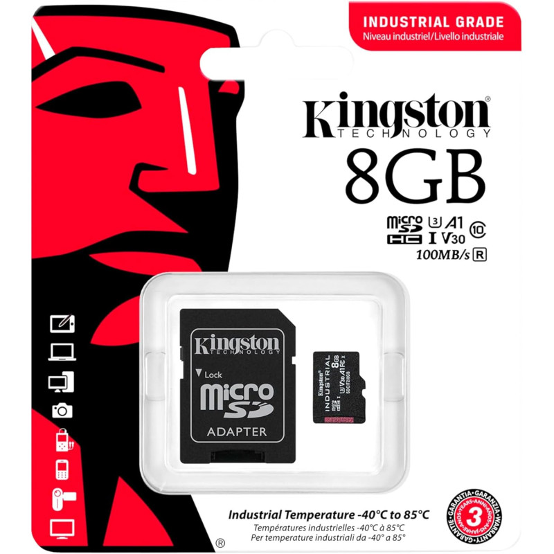 Kingston Карта пам'яті microSD 8GB C10 UHS-I U3 A2 V30 R100/W80MB/s + SD Industrial