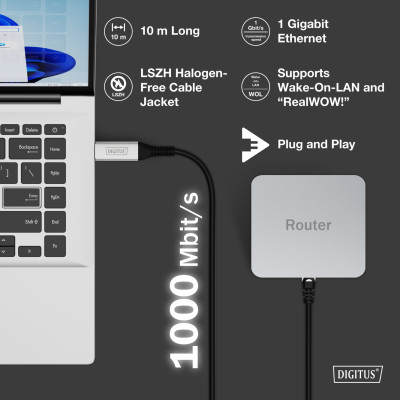 Digitus Кабель DIGITUS Ethernet USB-A - RJ45 CAT 6A S/FTP, 1 Gbit/s, 10m, LSZH