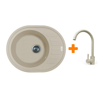 Adamant Мийка кухонная Ovum, штучний камінь, овальна, з крилом, 615х495х200мм, чаша - 1, врізна, Avena + змішувач